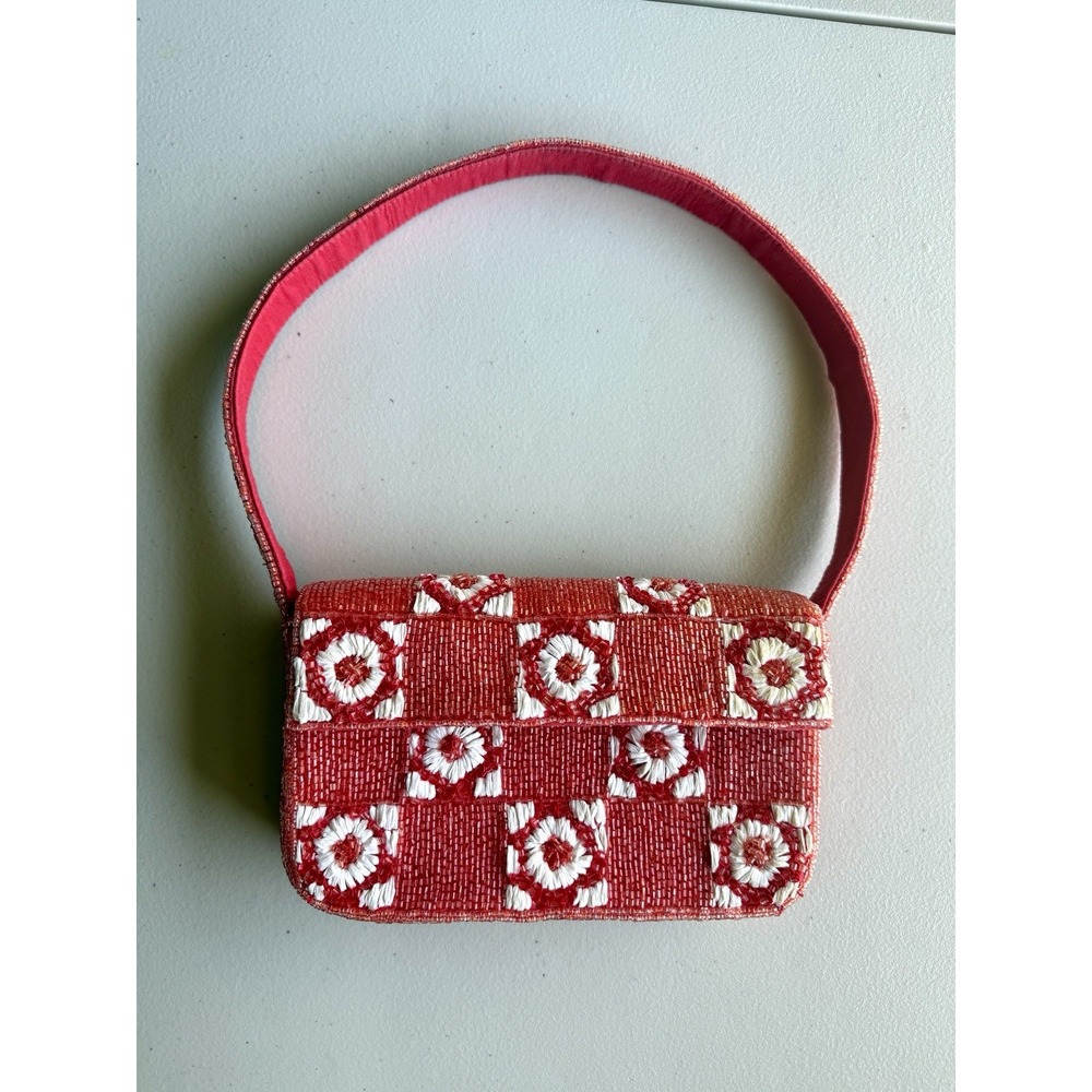 Anthropologie Red and White Beaded Floral Checker Shoulder Bag